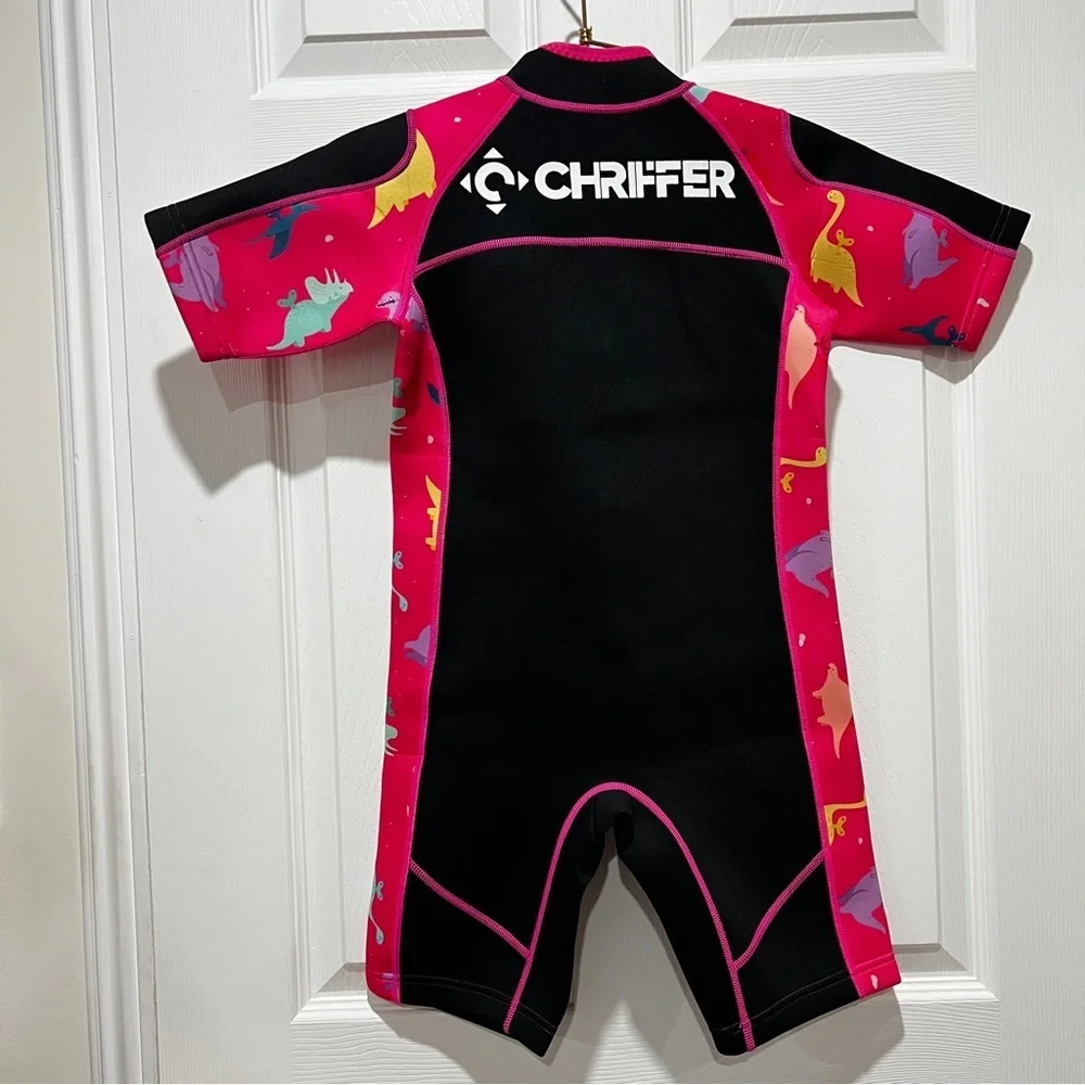 Chriffer Kids Wetsuit Size Large Pink/Black Dino Print Details Short Sleeve Girl